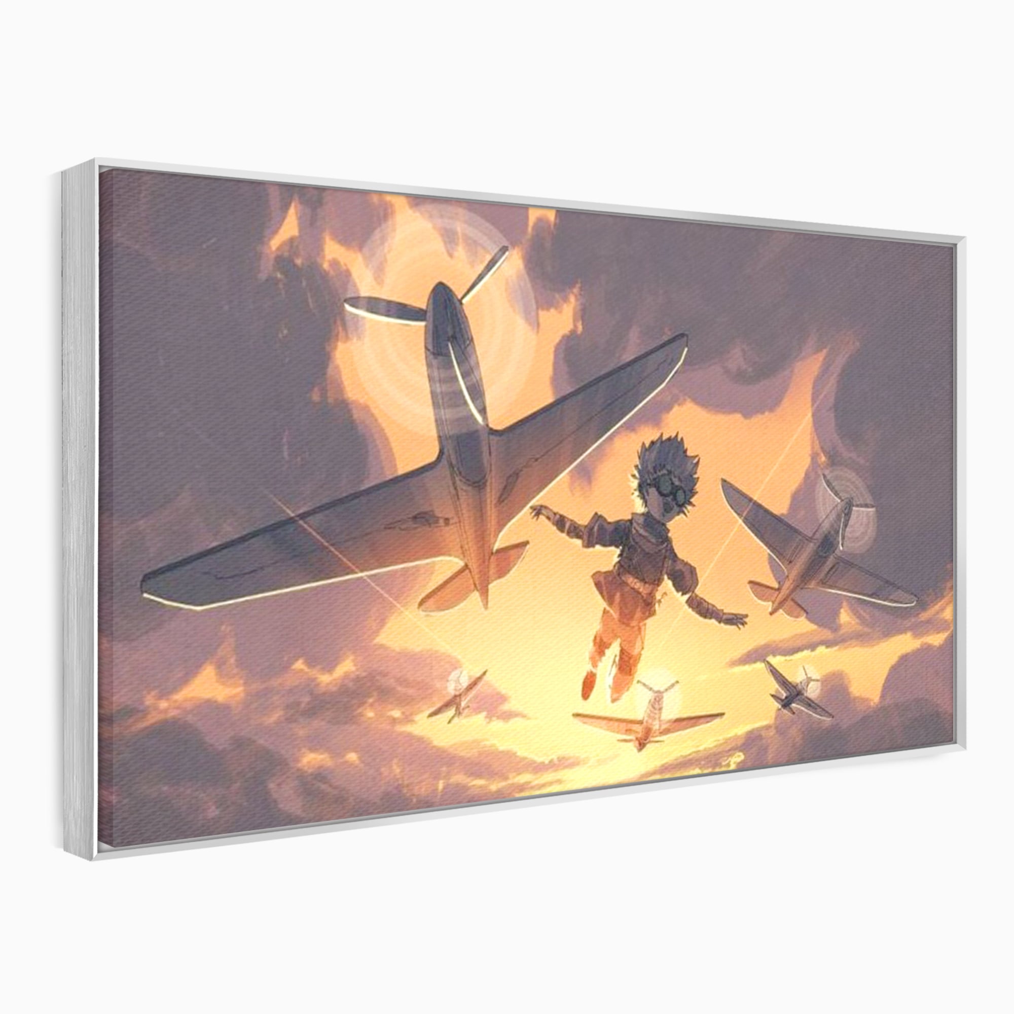 Tablou canvas cu ilustratie digitala cu un baietel zburand alaturi de avioane, in rama de aluminiu argintiu